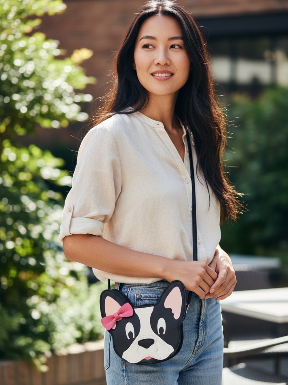 Black and Pink Dog Face Crossbody Bag